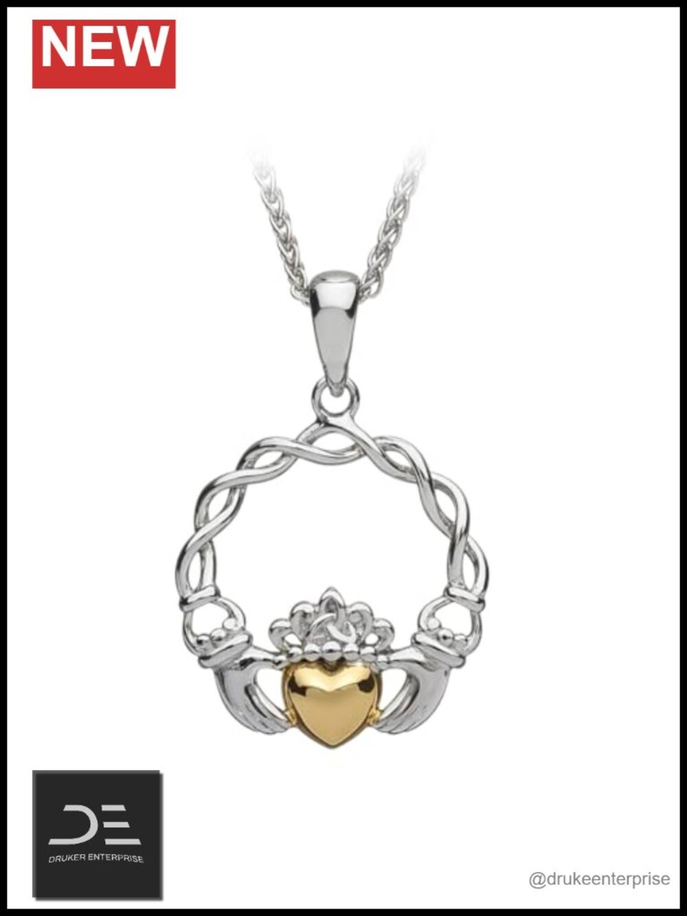 Irish Claddagh Necklace, 10K Gold Heart, Sterling Silver Chain, Made in Ireland